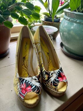 Ed Hardy Yellow Floral & Tiger Peep-Toe Platform Wedges with Red Tiger Detail